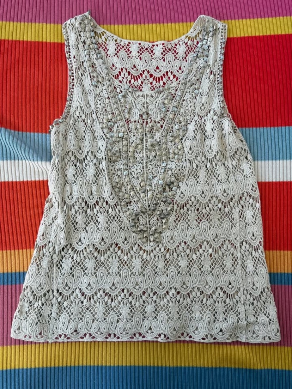 Studded Sheer Crochet Festival Style Sleeveless Top
